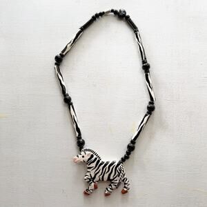 Rare! Vintage RUBY Z Candace Loheed Ceramic Hand-Painted Zebra Necklace 19080s
